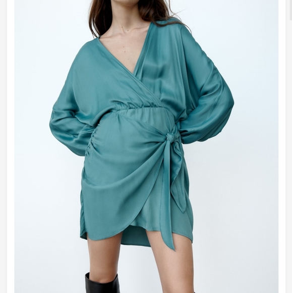 NWT* Zara Satin Effect Wrap Dress Green Mini - Picture 5 of 7